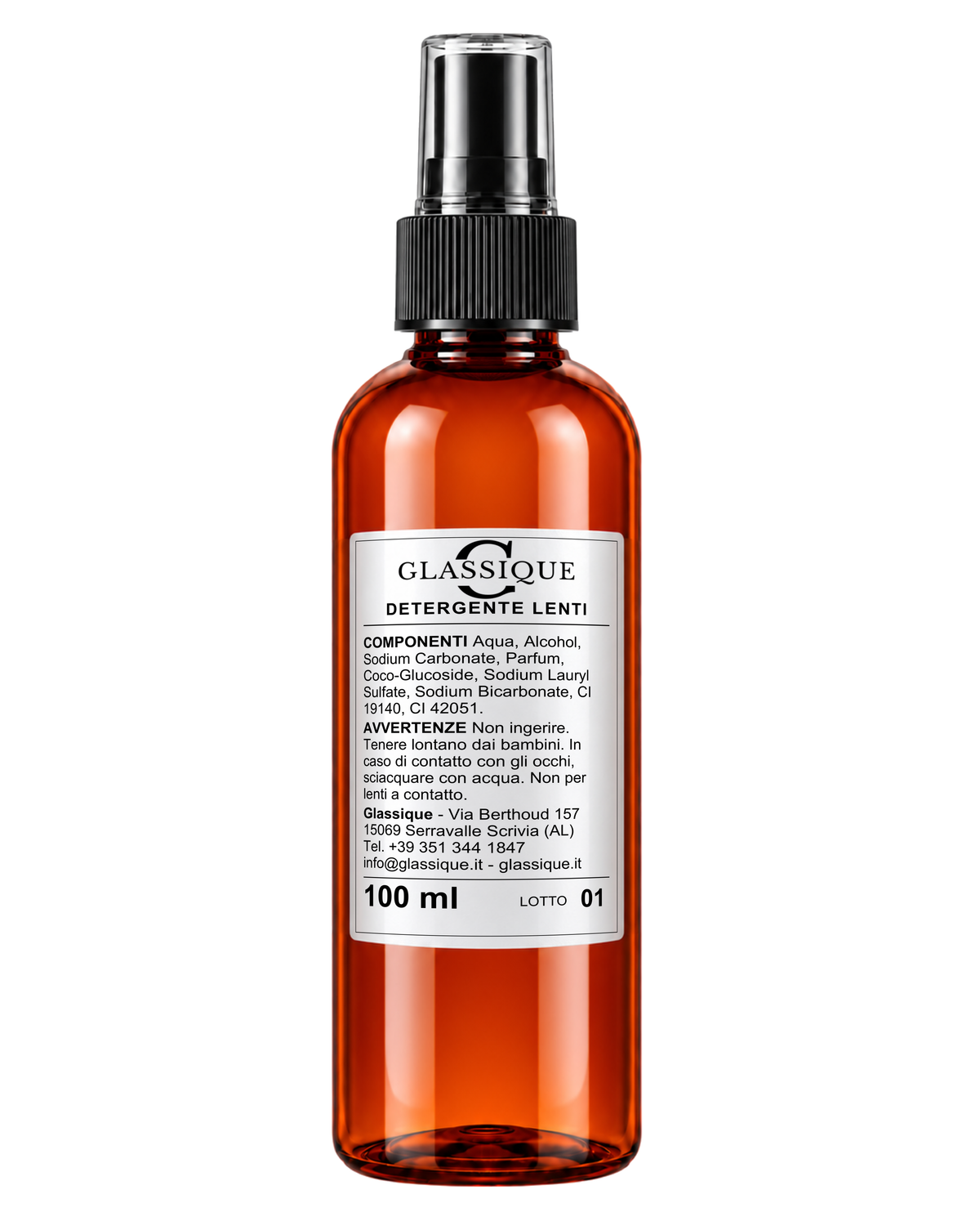Spray detergente lenti Glassique da 100 ml, etichetta posteriore